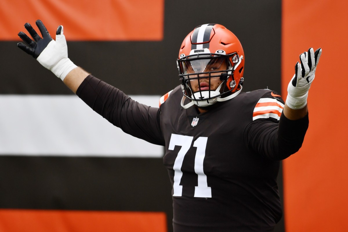 Oct 11, 2020; Cleveland, Ohio, USA; Cleveland Browns offensive tackle Jedrick Wills (71) is introduced before the game between the Cleveland Browns and the Indianapolis Colts at FirstEnergy Stadium. Mandatory Credit: Ken Blaze-USA TODAY Sports