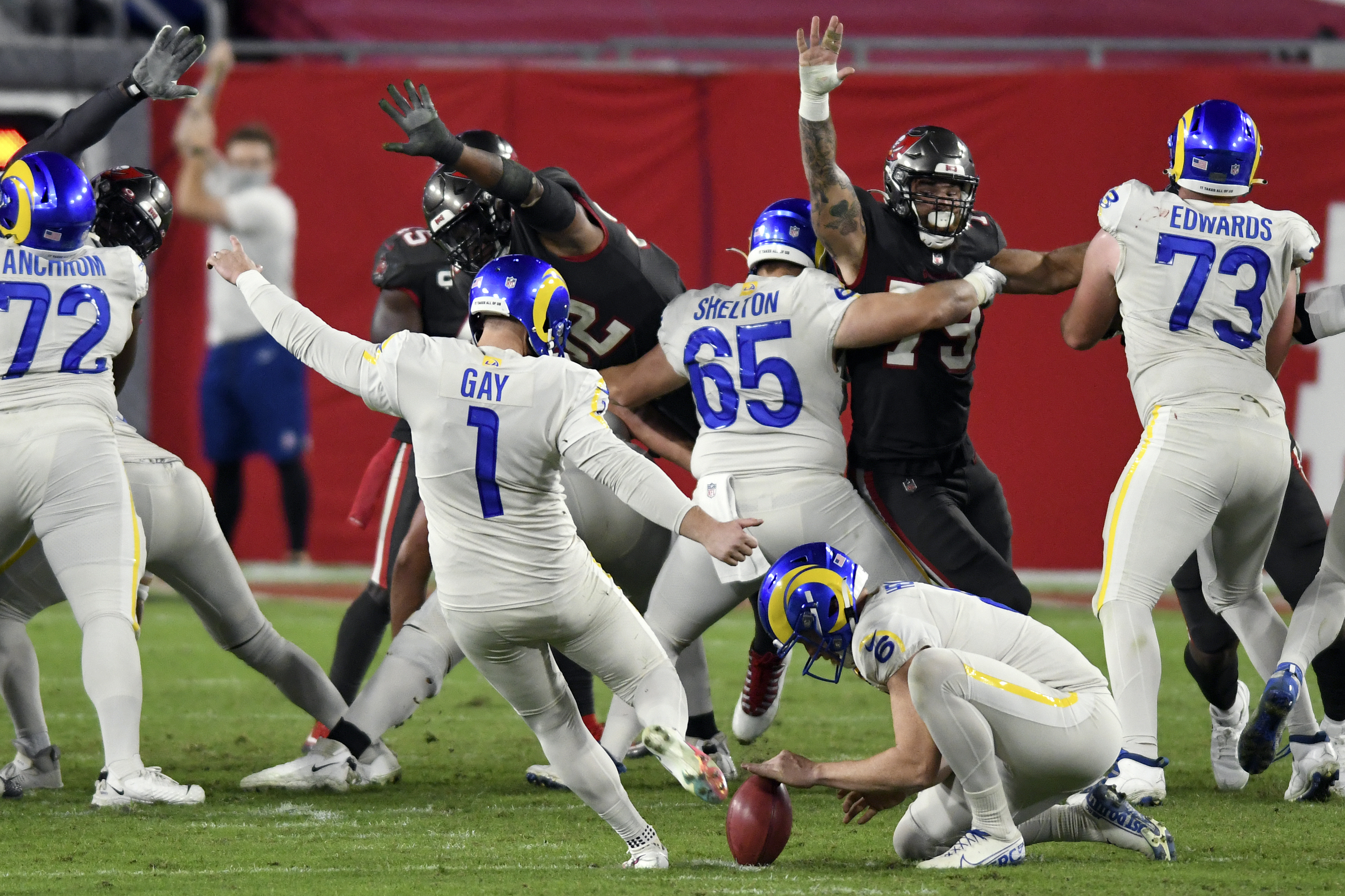 INGLEWOOD, CA - JANUARY 17: Los Angeles Rams kicker Matt Gay #8 gets extra  point with Los Angeles Rams punter Johnny Hekker #6 hold during the NFC  Wild Card playoff game between