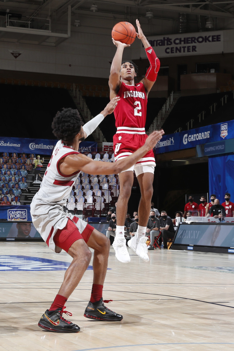 Indiana sophomore guard Armaan Franklin pulls up for a jumper in Wednesday's win over Stanford. (Photos courtesy IU Athletics)