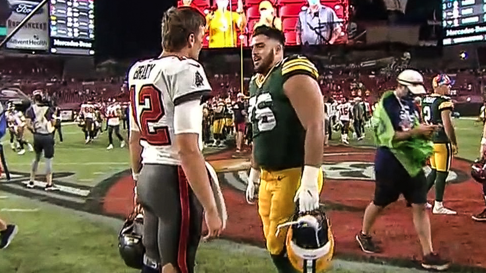 Tom Brady was spotted shaking hands with Packers rookie Jon Runyan