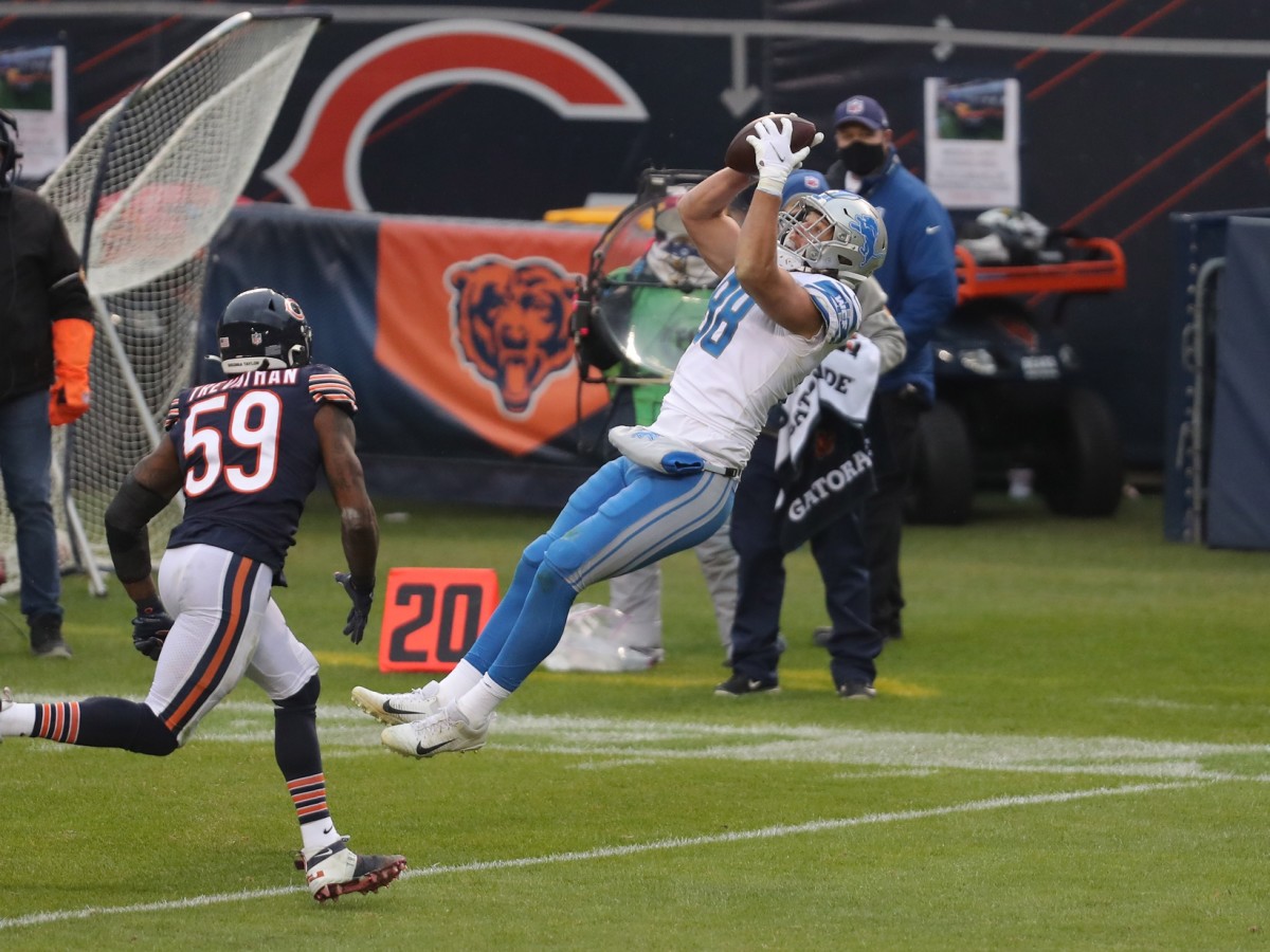 Detroit Lions' T.J. Hockenson celebrates his touchdown catch with Trinity  Benson (17) during the first half of an NFL football game Monday, Sept. 20,  2021, in Green Bay, Wis. (AP Photo/Morry Gash