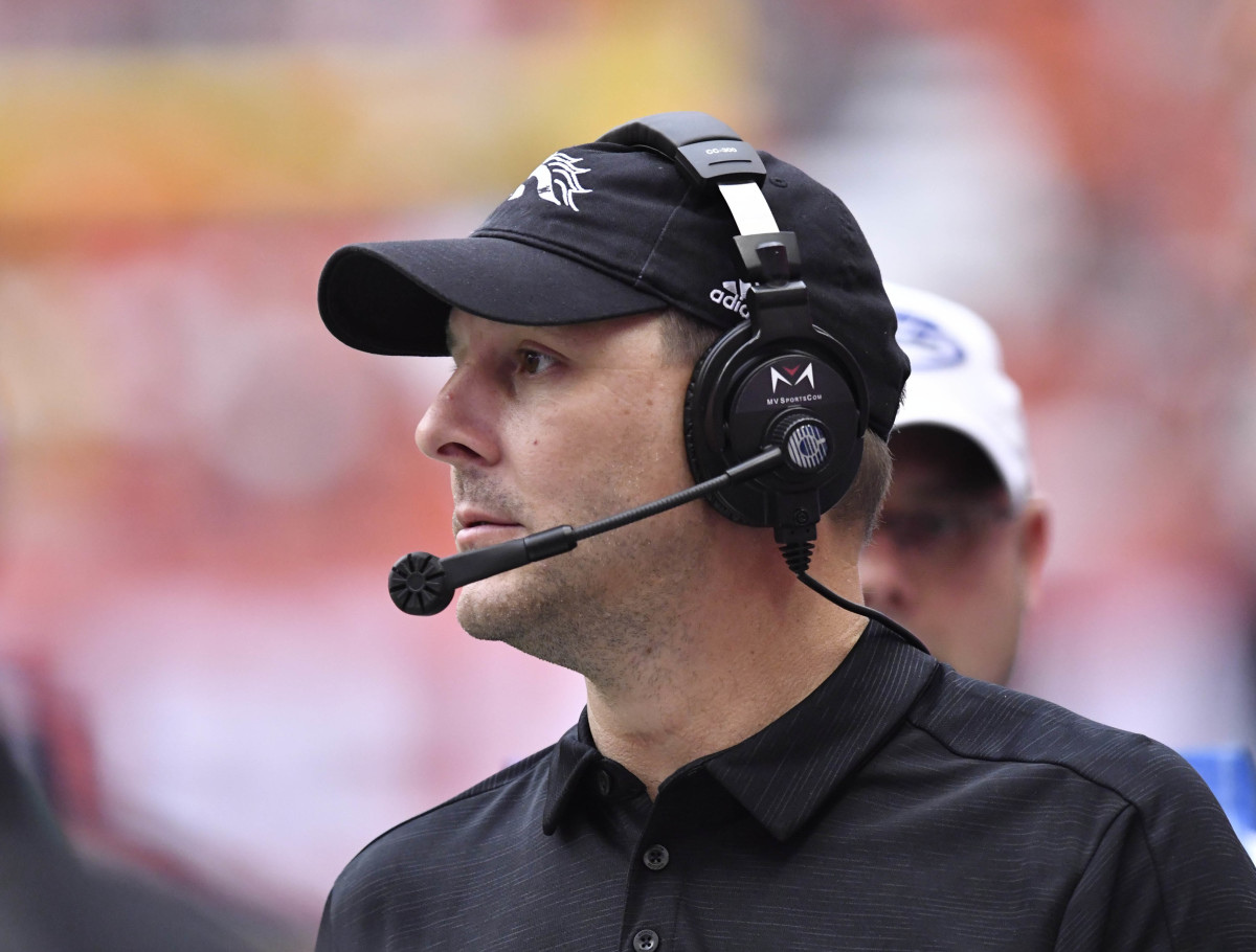 Western Michigan Broncos head coach Tim Lester on the sideline in the third quarter against the Syracuse Orange at the Carrier Dome.