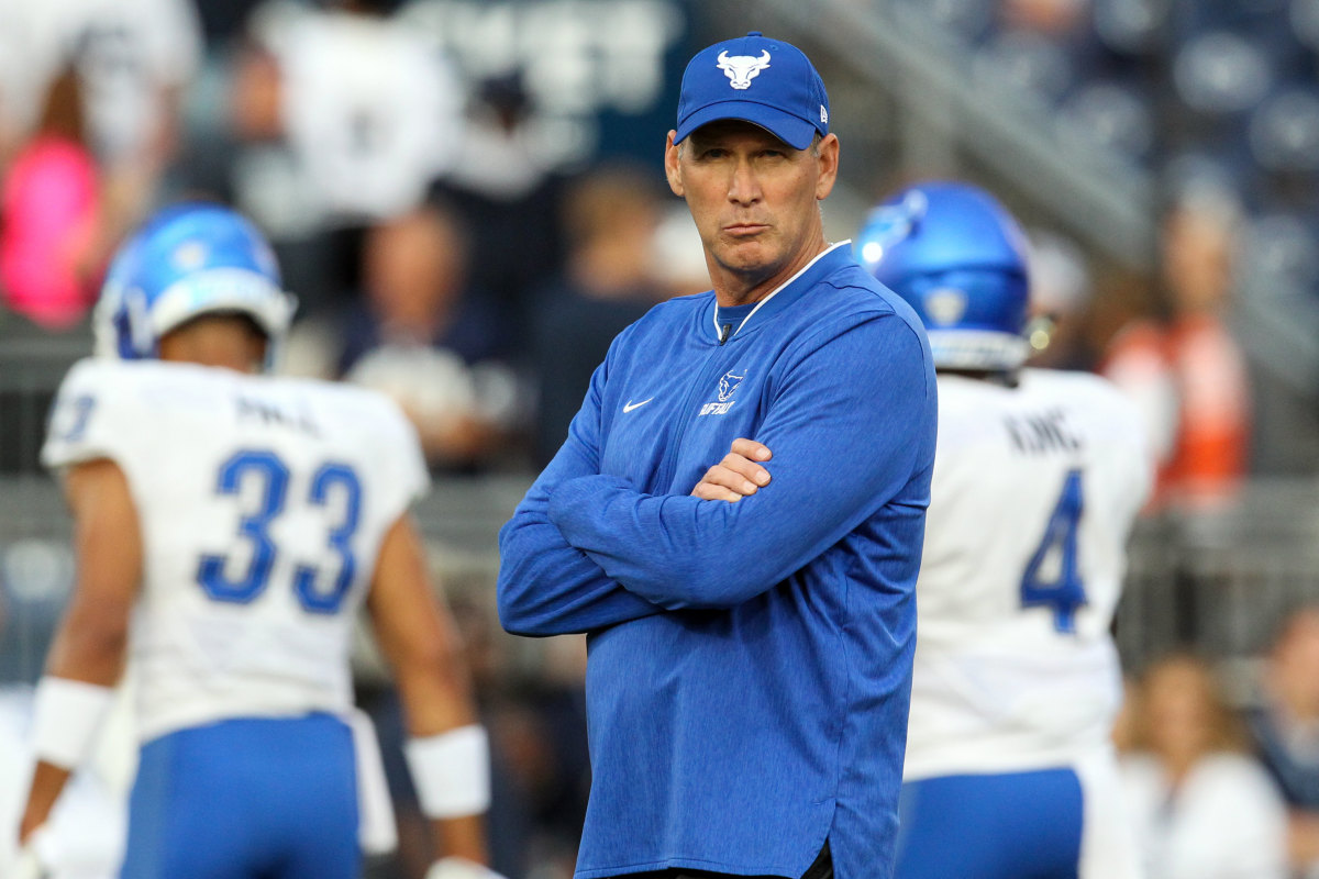 Buffalo Bulls head coach Lance Leipold looks on during a warm up prior to the game against the Penn State Nittany Lions at Beaver Stadium.