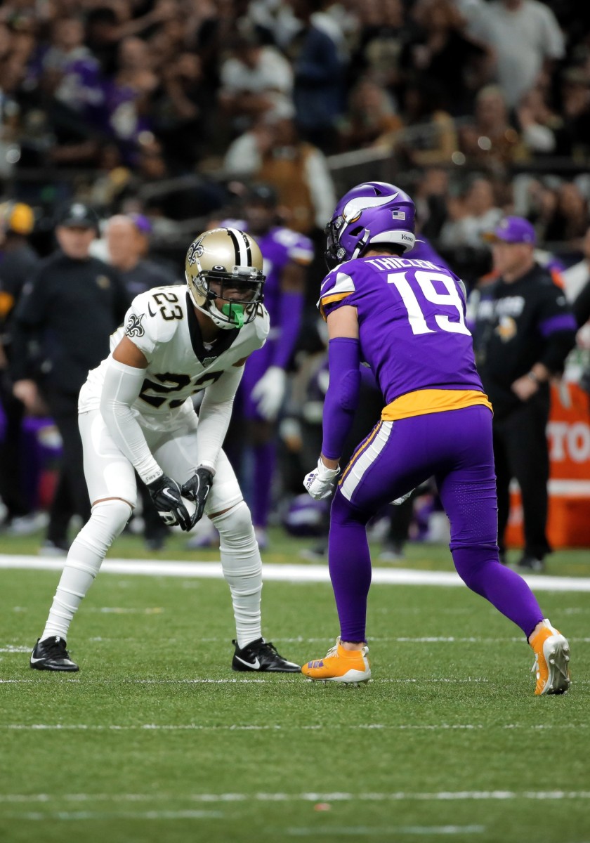 Jan 5, 2020; New Orleans, Louisiana, USA; New Orleans Saints cornerback Marshon Lattimore (23) defends Minnesota Vikings wide receiver Adam Thielen (19) during the second quarter of a NFC Wild Card playoff football game at the Mercedes-Benz Superdome. Mandatory Credit: Derick Hingle-USA TODAY Sports