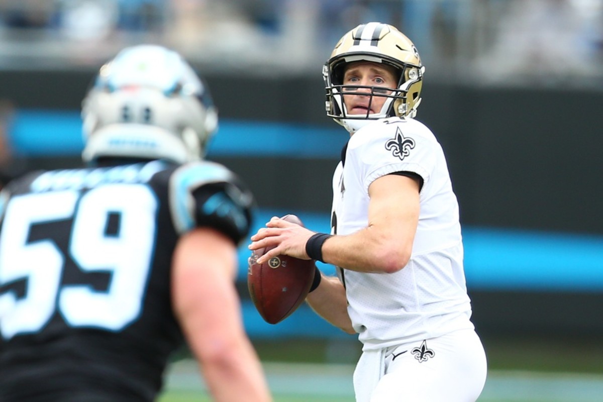 Dec 29, 2019; Charlotte, North Carolina, USA; New Orleans Saints quarterback Drew Brees (9) passes the ball during the second quarter against the Carolina Panthers at Bank of America Stadium. Mandatory Credit: Jeremy Brevard-USA TODAY