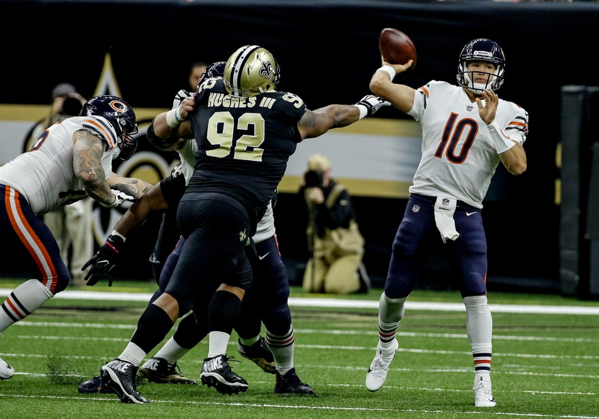 Oct 29, 2017; New Orleans, LA, USA; Chicago Bears quarterback Mitchell Trubisky (10) throws a pass during the second half of a game at the Mercedes-Benz Superdome. The Saints defeated the Bears 20-12. Mandatory Credit: Derick E. Hingle-USA TODAY 