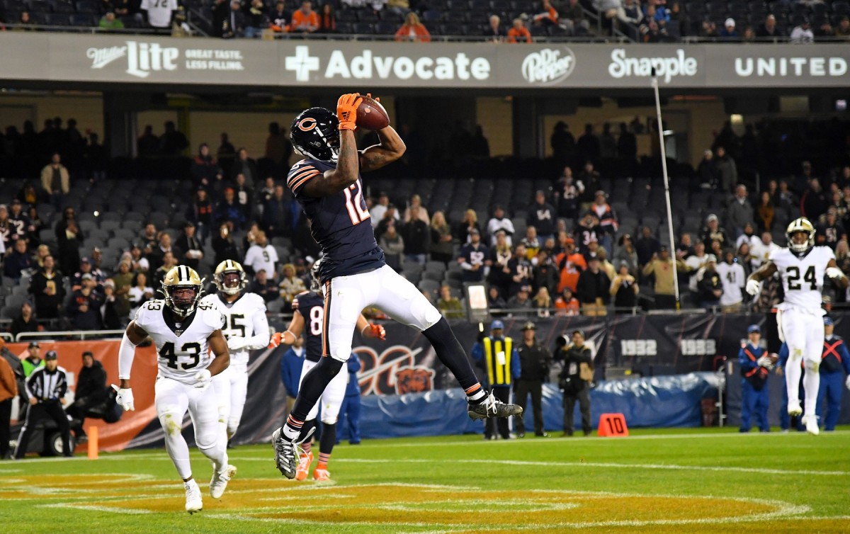 Oct 20, 2019; Chicago, IL, USA; Chicago Bears wide receiver Allen Robinson (12) makes a touchdown catch against the New Orleans Saints during the second half at Soldier Field. Mandatory Credit: Mike DiNovo-USA TODAY Sports