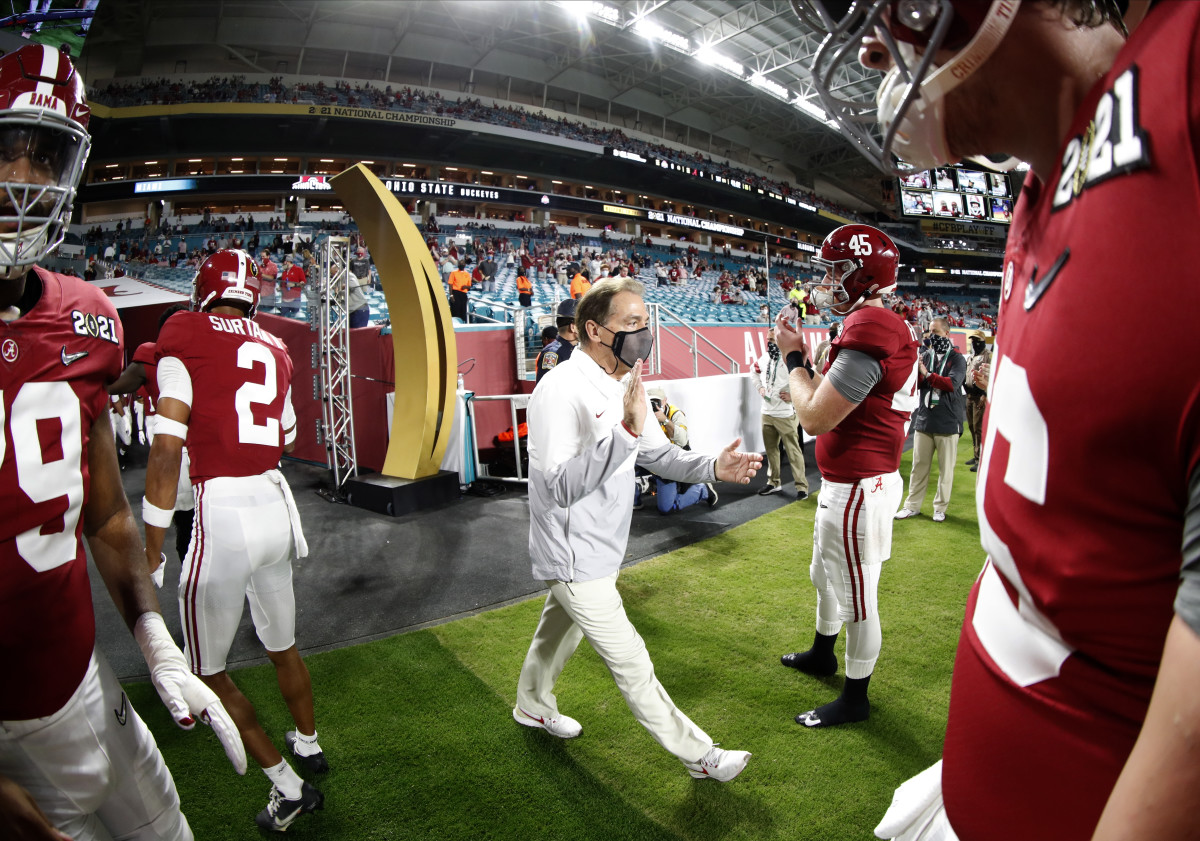 Landon Dickerson carries Nick Saban after Alabama football wins title