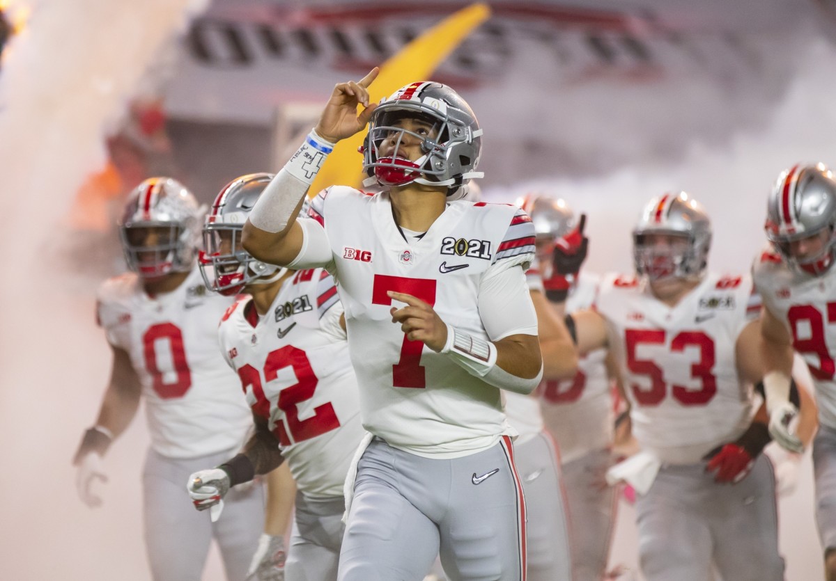 Ohio State's C.J. Stroud (7) is the presumed leader for the starting quarterback job in 2021, but he'll have plenty of competition in the spring before a starter is announced. (USA TODAY Sports)