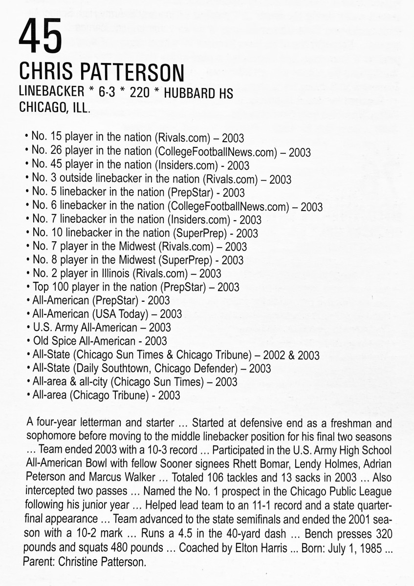 Chris Patterson's bio in the 2004 OU media guide