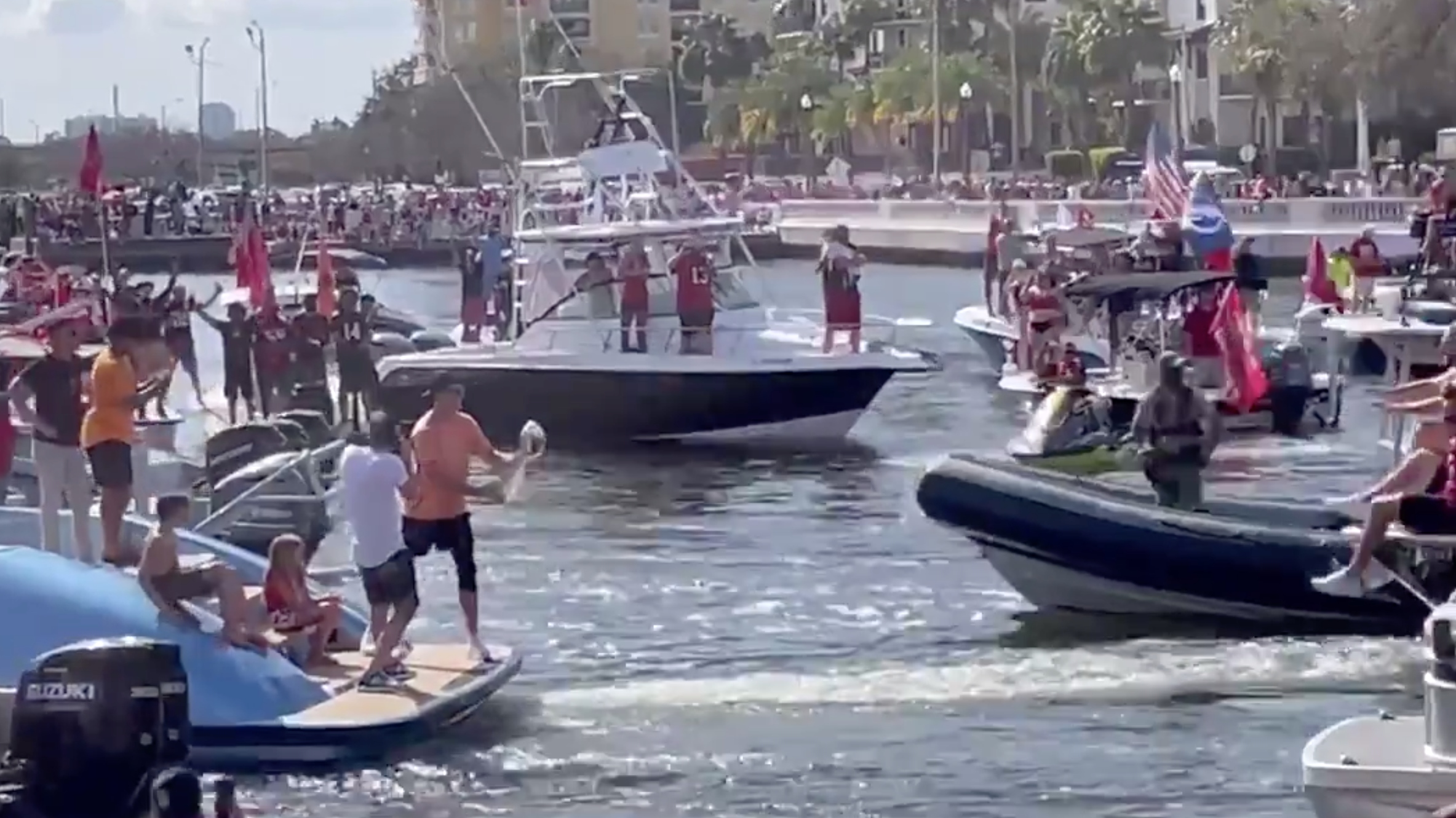 Tom Brady throws trophy across water as Tampa Bay Buccaneers