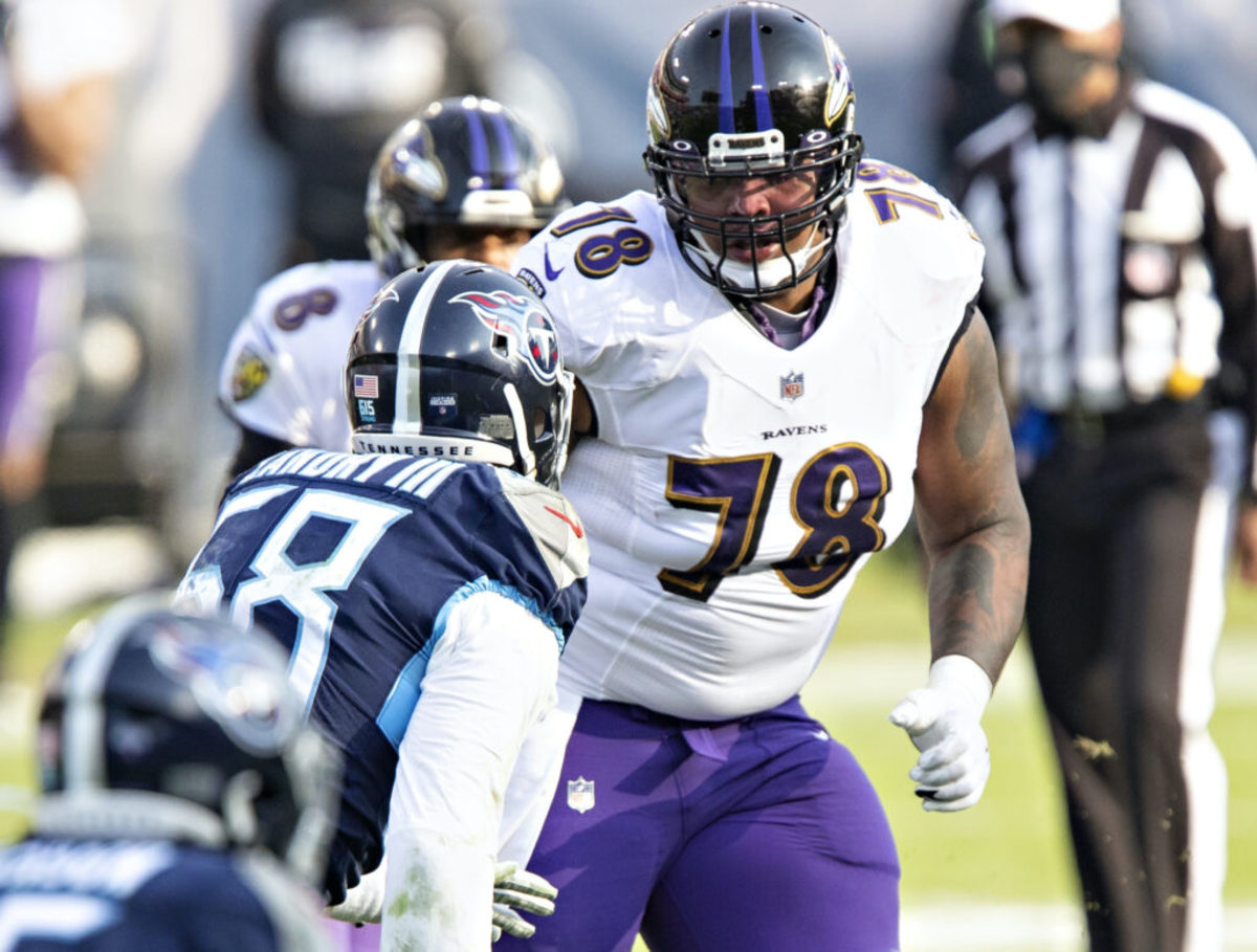 August 20, 2018: Baltimore Ravens offensive lineman Orlando Brown Jr. (78)  during NFL football preseason game action between the Baltimore Ravens and  the Indianapolis Colts at Lucas Oil Stadium in Indianapolis, Indiana.