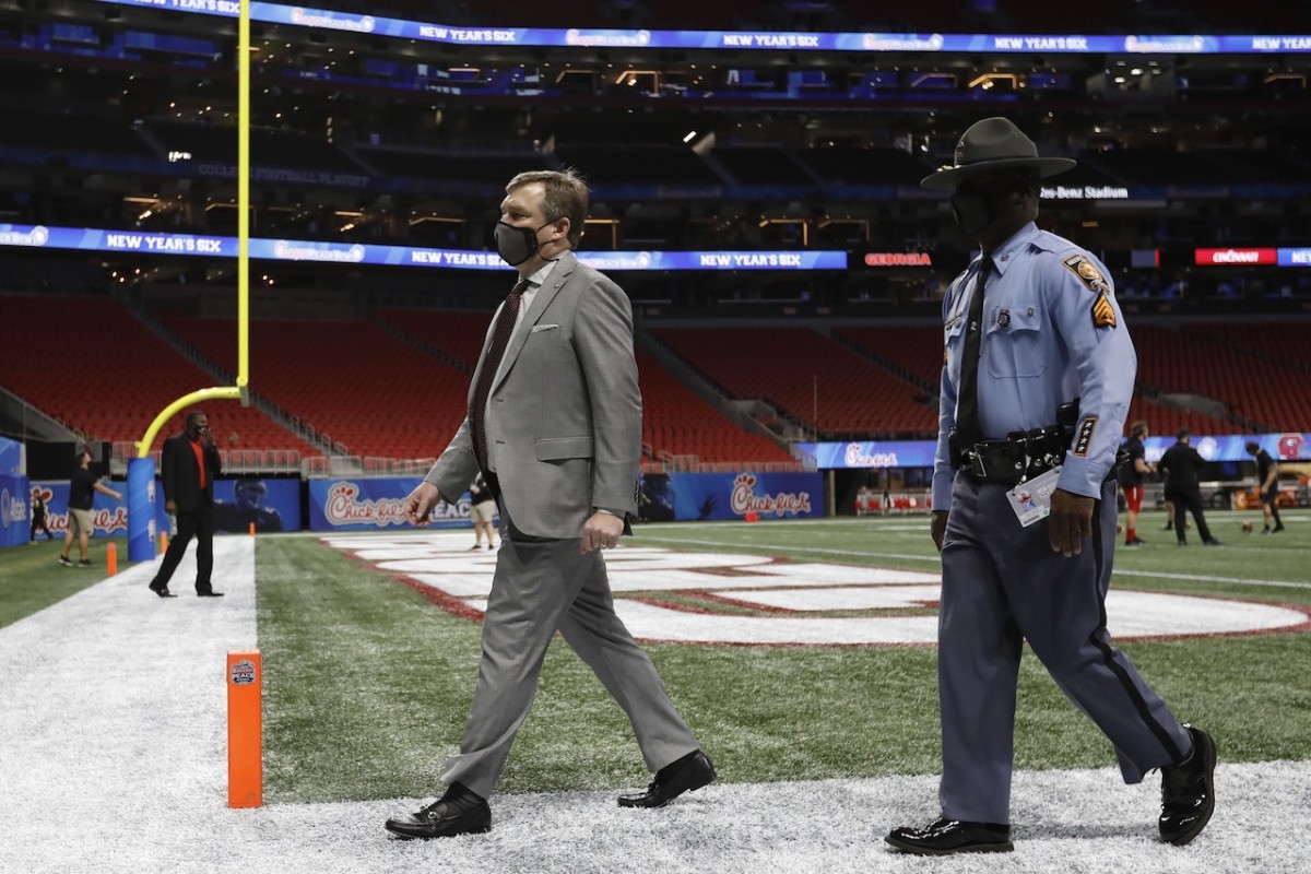 Georgia coach Kirby Smart at Mercedes-Benz Stadium before the Peach Bowl.