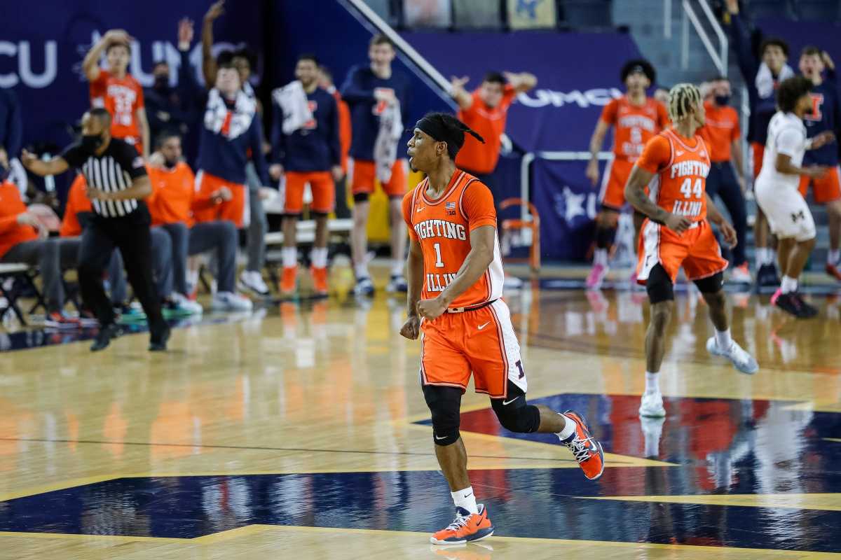 Illinois guard Trent Frazier celebrates scoring a basket against Michigan during the second half at the Crisler Center on Tuesday, March 2, 2021.