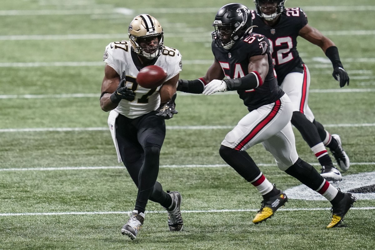 New Orleans, United States. 13th Oct, 2020. New Orleans Saints tight end  Jared Cook (87) takes a Drew Brees (9) pass for a touchdown late in the  game with the Los Angeles