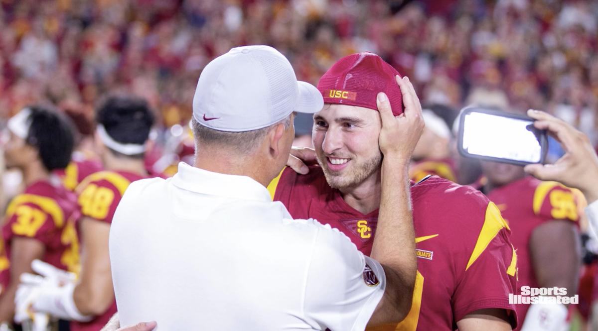 USC Head Coach Clay Helton and USC QB Matt Fink