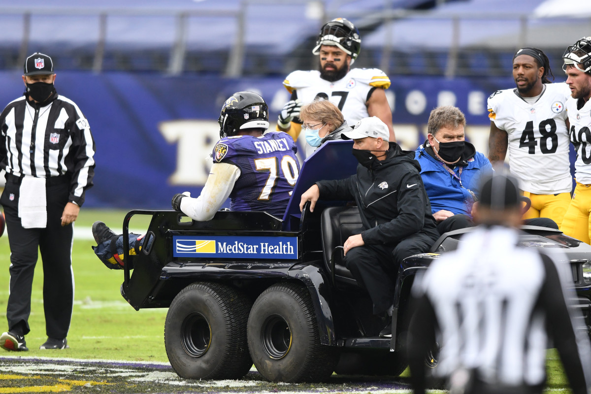 Ronnie Stanley injury: Ravens OT carted off from game vs. Steelers