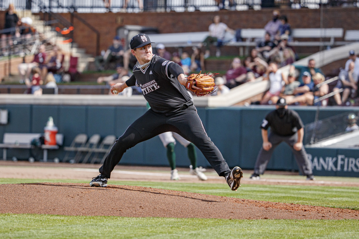 Will Bednar delivers a pitch in relief on Sunday. After an early-season injury, the right-hander could find himself back in the weekend rotation soon. (Photo courtesy of Mississippi State athletics)