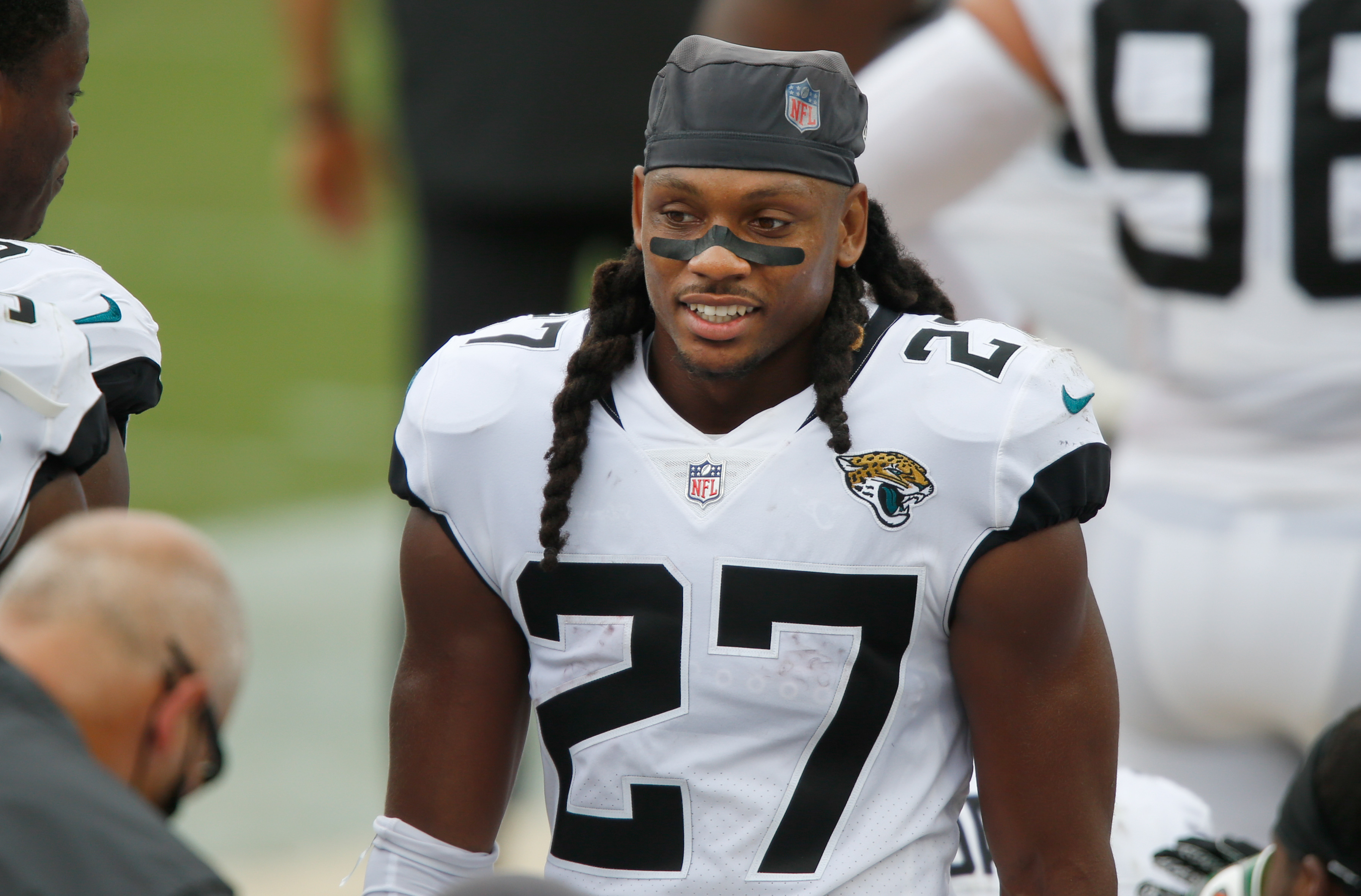 Jacksonville Jaguars cornerback Chris Claybrooks (6) runs off the field  during an NFL football game against the Las Vegas Raiders on Sunday, Nov.  6, 2022, in Jacksonville, Fla. (AP Photo/Gary McCullough Stock