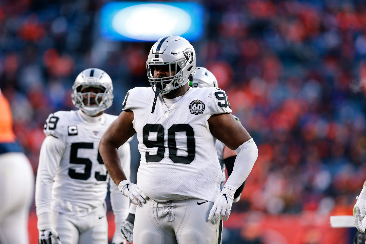 Las Vegas Raiders' Johnathan Hankins reacts after recovering a