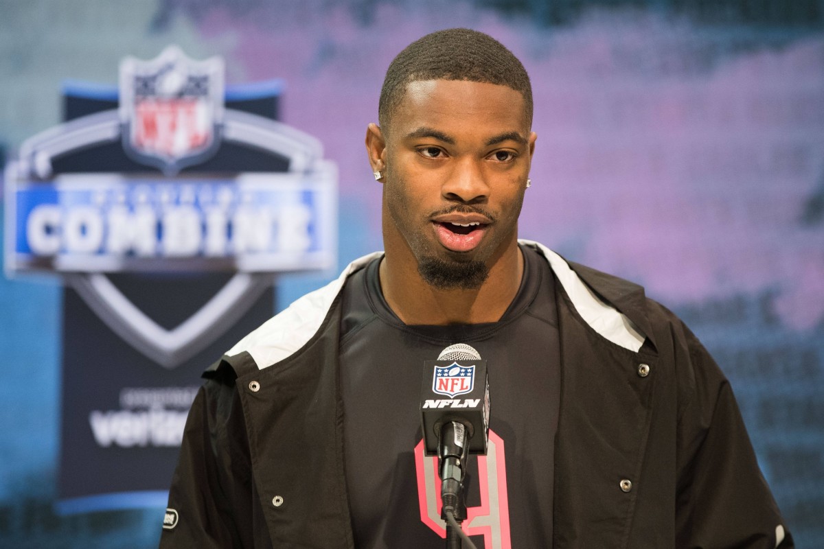 Feb 27, 2020; Indianapolis, Indiana, USA; Louisiana State linebacker K'Lavon Chaisson (LB09) speaks to the media during the 2020 NFL Combine in the Indianapolis Convention Center.