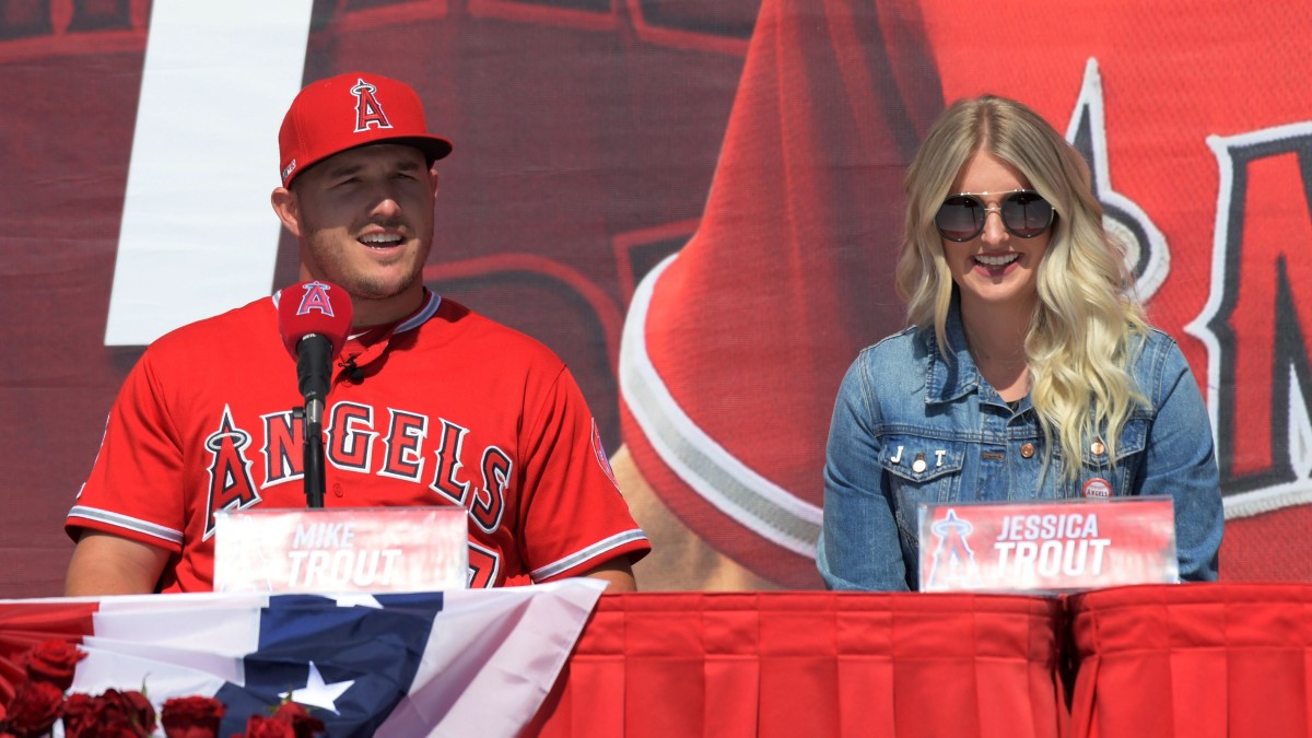 Los Angeles Angels outfielder Mike Trout and his wife Jessica pose