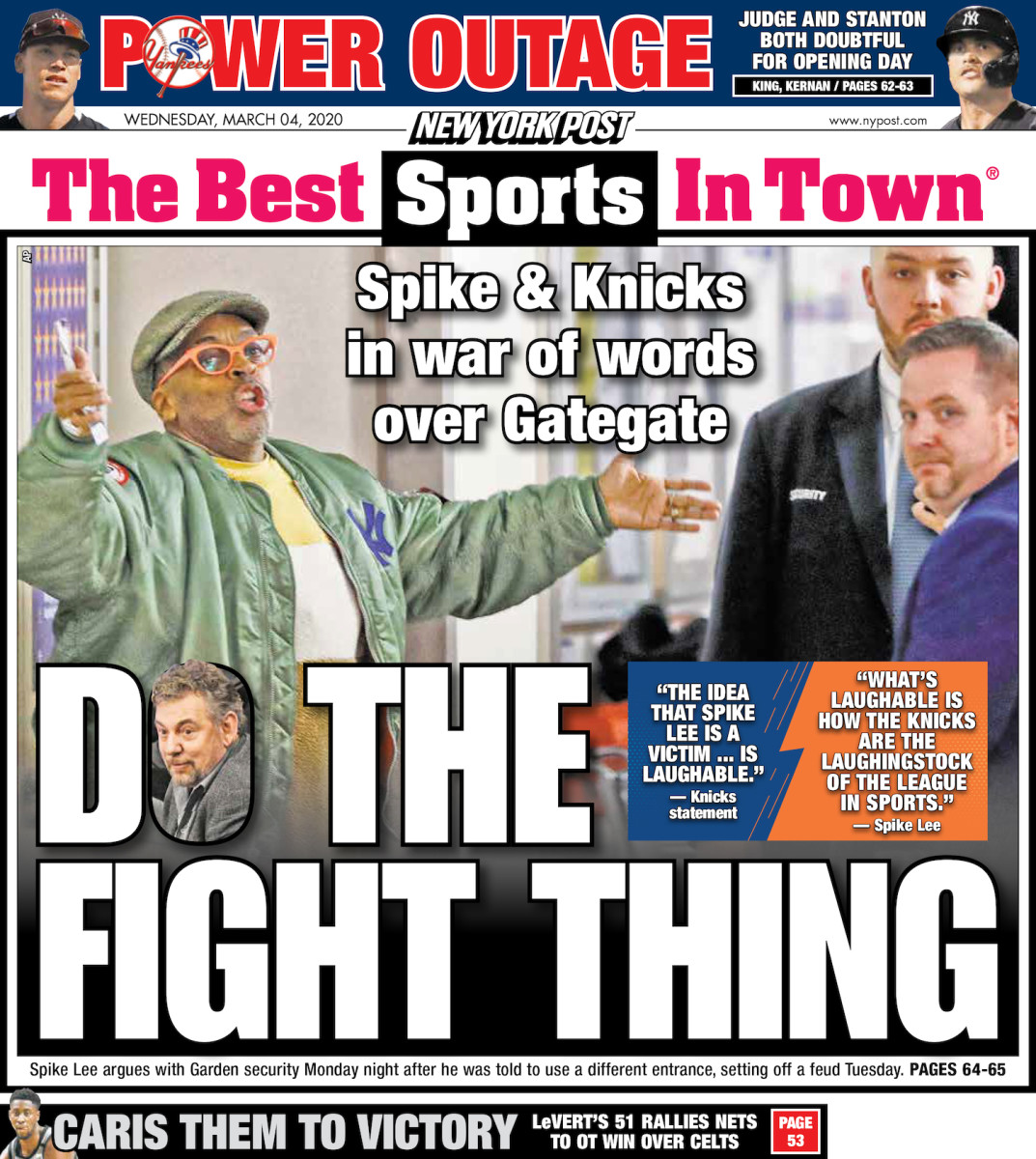 The back page of the New York Post, featuring the Spike Lee "Do the Fight Thing" headline
