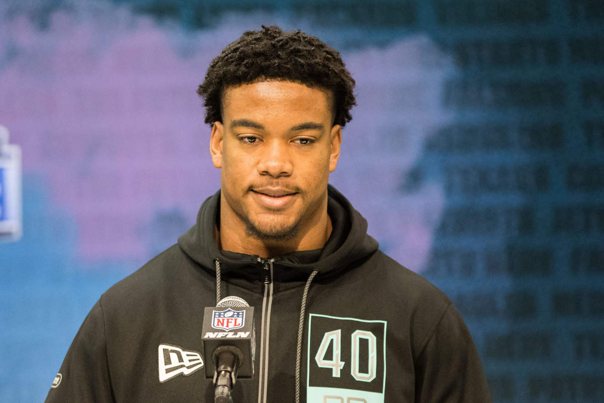 Feb 28, 2020; Indianapolis, Indiana, USA; Southern Illinois defensive back Jeremy Chinn (DB40) speaks to the media during the 2020 NFL Combine in the Indianapolis Convention Center.