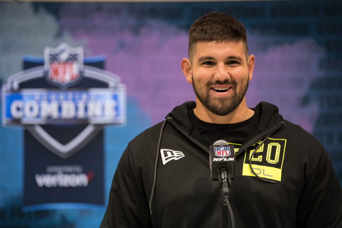 Feb 26, 2020; Indianapolis, Indiana, USA; Temple offensive lineman Matt Hennessy (OL20) speaks to the media during the 2020 NFL Combine in the Indianapolis Convention Center.