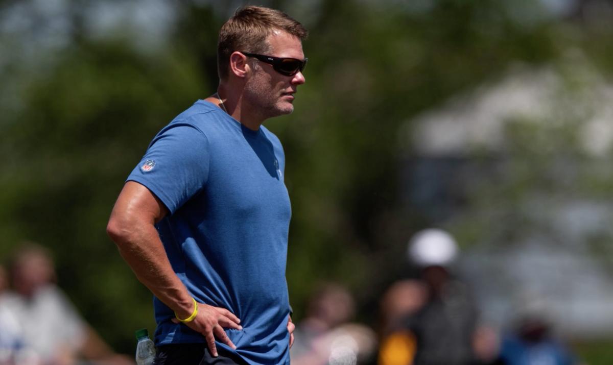 Indianapolis Colts general manager Chris Ballard looks on during 2019 training camp in Westfield, Ind.