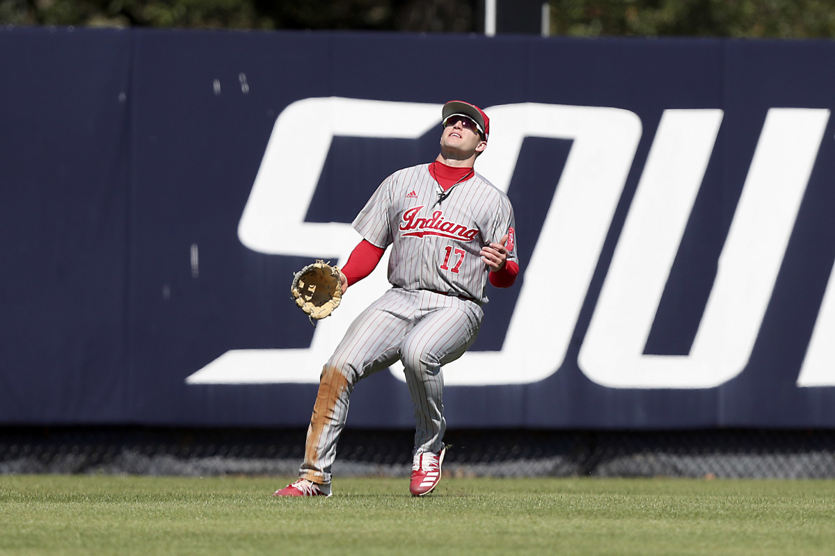 Indiana left-fielder Elijah Dunham waits on a fly ball during a game at South Alabama in February. (Photos by David Donaldson)