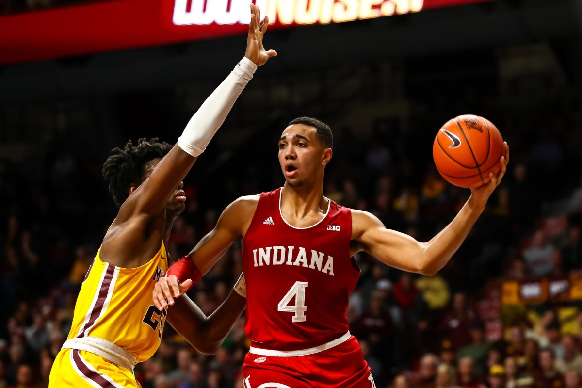 Indiana freshman Trayce Jackson-Davis (4) had 12 double-doubIes this season, including one at Minnesota when he had a season-high 27 points and 16 rebounds. (USA TODAY Sports)