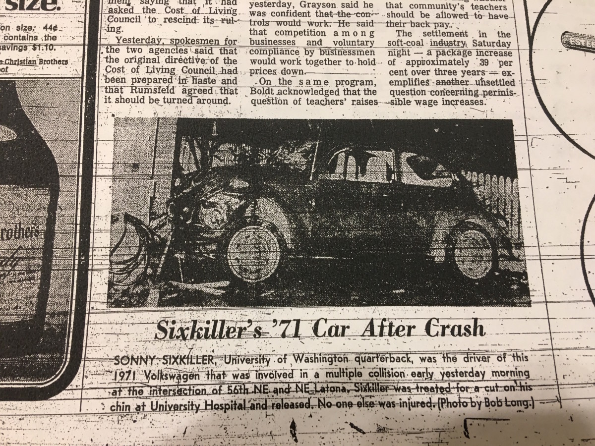 Sonny Sixkiller's car ended up against a house after a collision in 1971.