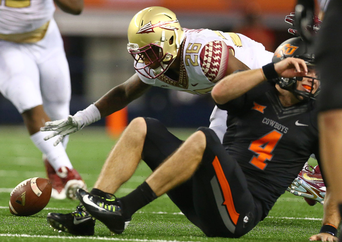 This fumble in the fourth quarter as Oklahoma State was driving for the go ahead touchdown was costly in the 2015 opener with defending national champion Florida State.