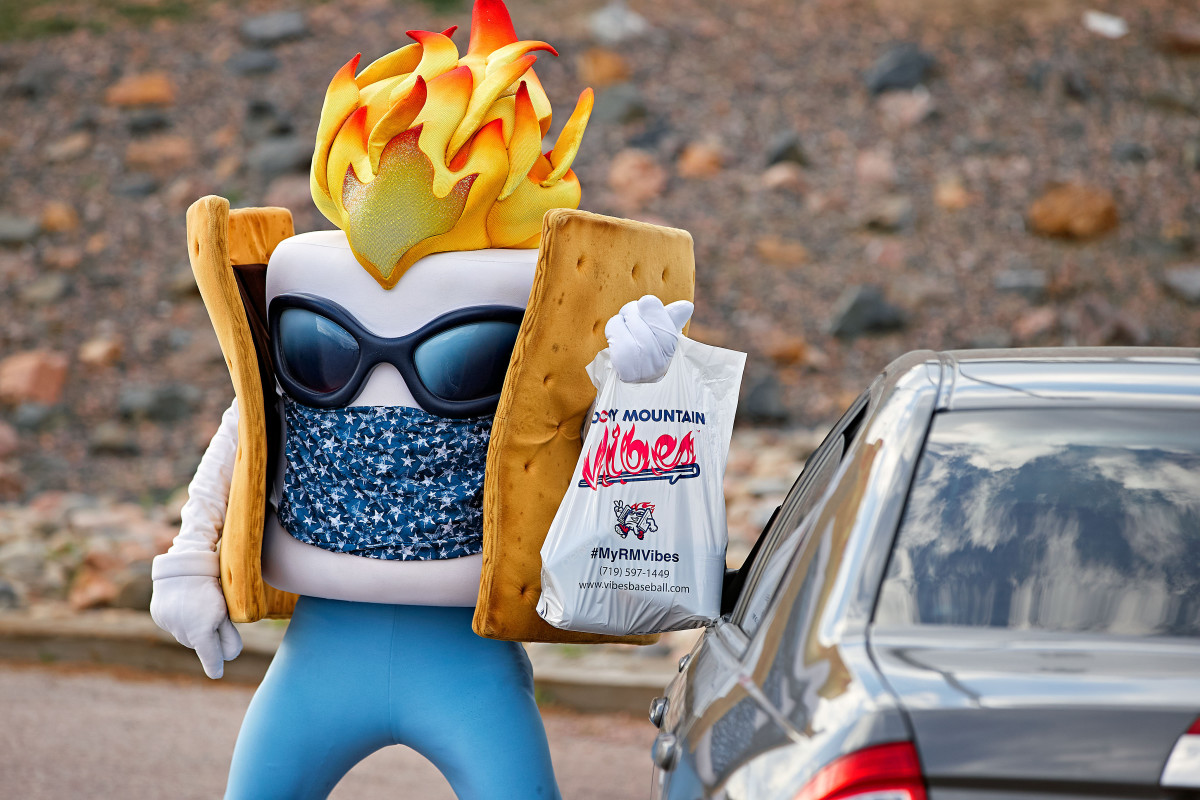 The Vibes’ mascot, Toasty, delivered curbside takeout to cars outside the club’s Colorado Springs stadium.
