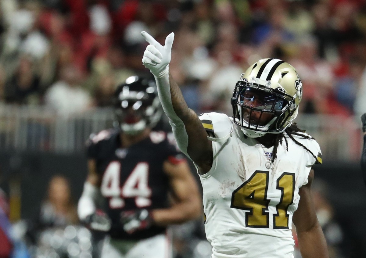 Nov 28, 2019; Atlanta, GA, USA; New Orleans Saints running back Alvin Kamara (41) celebrates after he ran for a first down in the second half against the Atlanta Falcons at Mercedes-Benz Stadium. Mandatory Credit: Jason Getz-USA TODAY Sports