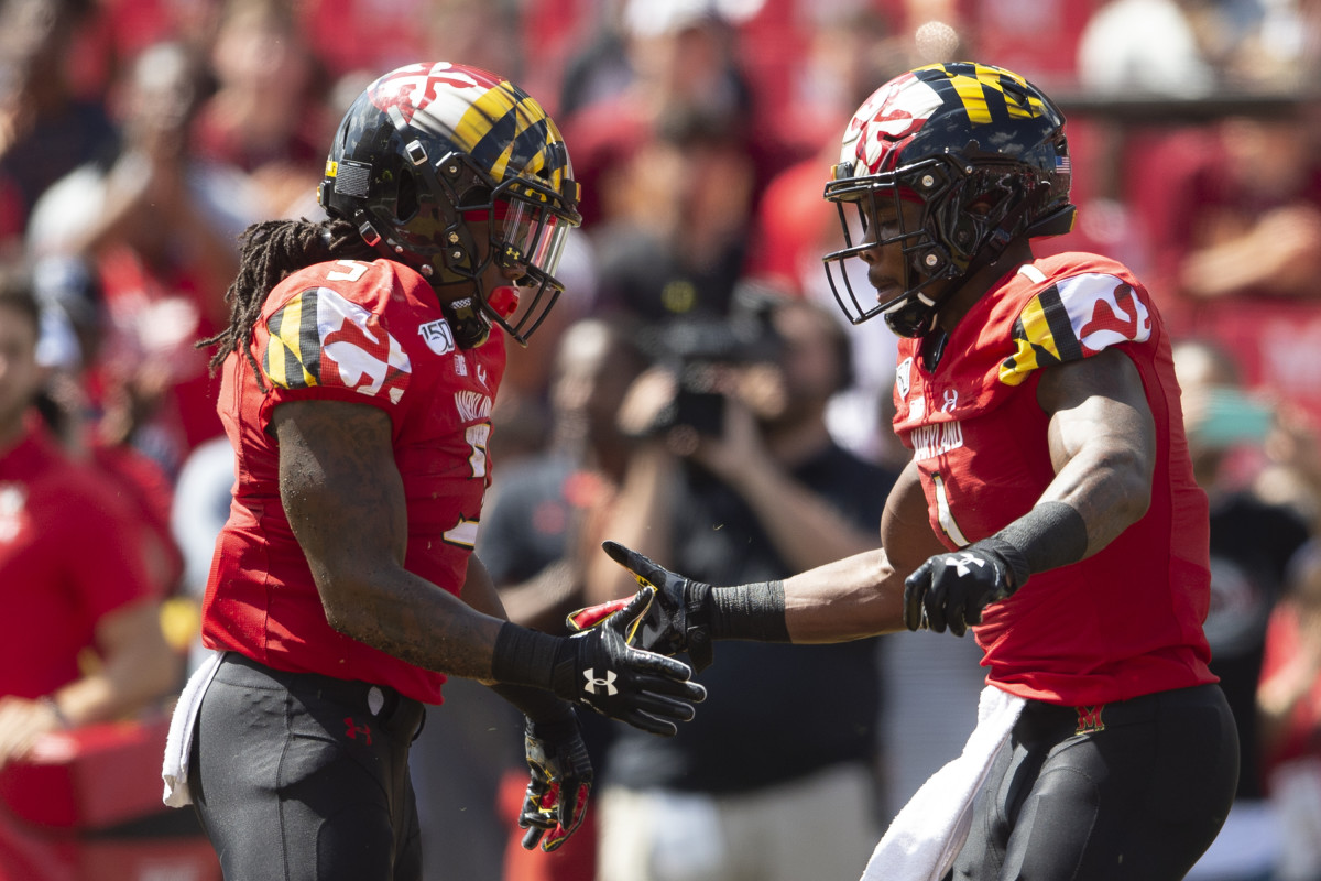 Maryland Terrapins wide receiver Rakim Jarrett celebrates after