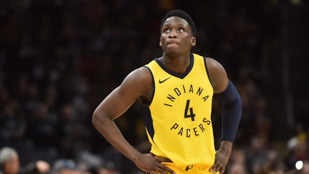 Indiana Pacers guard Victor Oladipo looks up at the scoreboard during a game against the Cleveland Cavaliers at Rocket Mortgage FieldHouse.