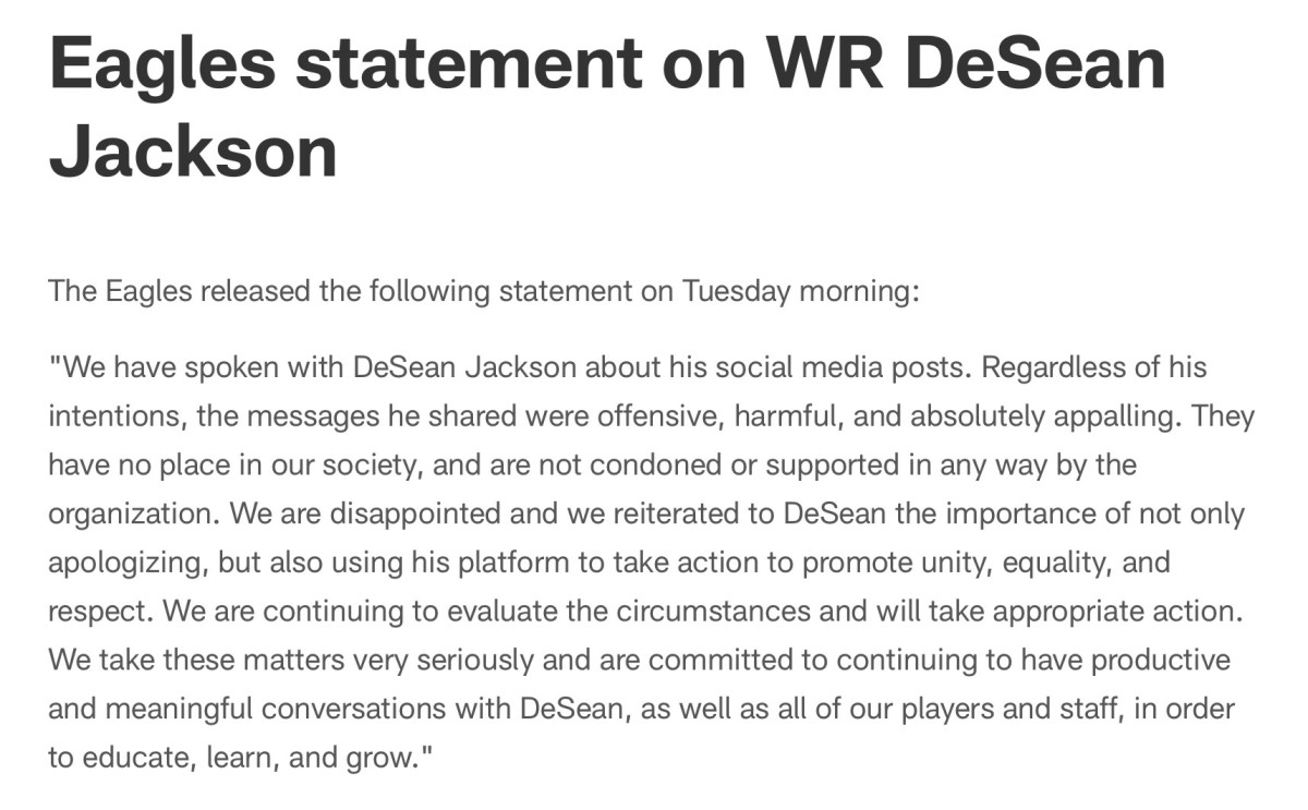 Eagles' statement says DeSean Jackson's comments are not condoned by