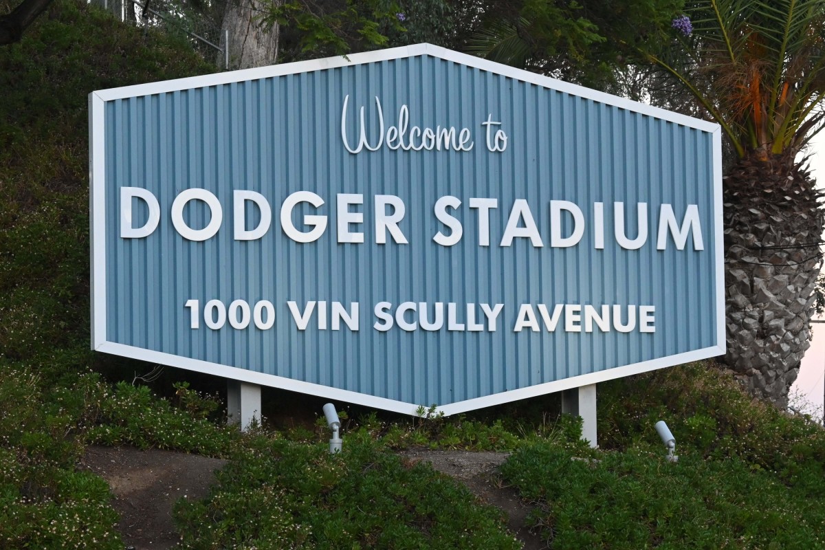 Jul 10, 2020; Los Angeles, California, United States; A Welcome to Dodger Stadium sign at the Sunset Blvd. entrance to Dodger Stadium. Mandatory Credit: Kirby Lee-USA TODAY Sports