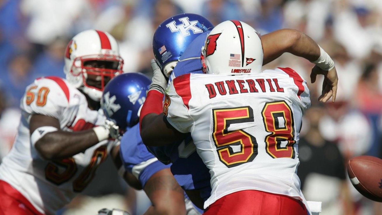 Elvis Dumervil # 58 Louisville Cardinals LB  Louisville cardinals, Ncaa  football, Louisville cardinals basketball