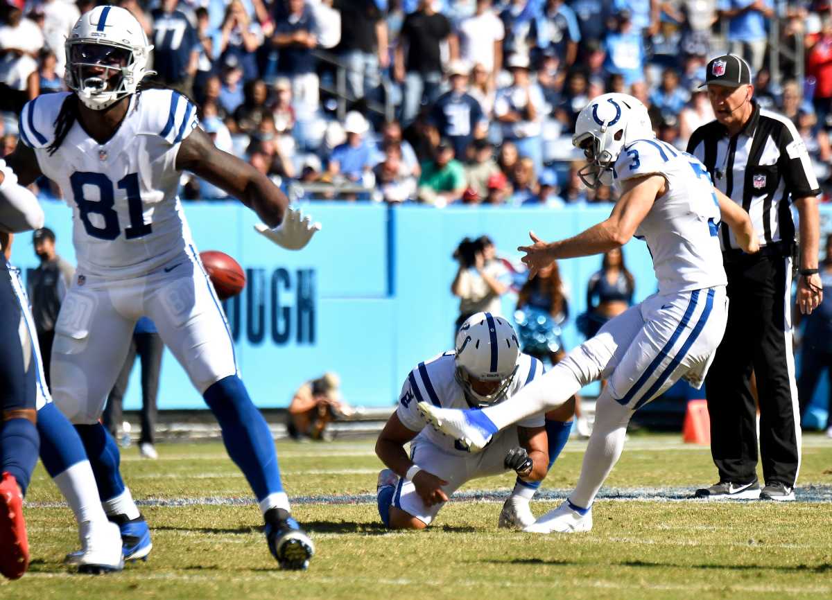 September 12, 2021: Indianapolis Colts kicker Rodrigo Blankenship (3)  during NFL football game action between the Seattle Seahawks and the  Indianapolis Colts at Lucas Oil Stadium in Indianapolis, Indiana. Seattle  defeated Indianapolis