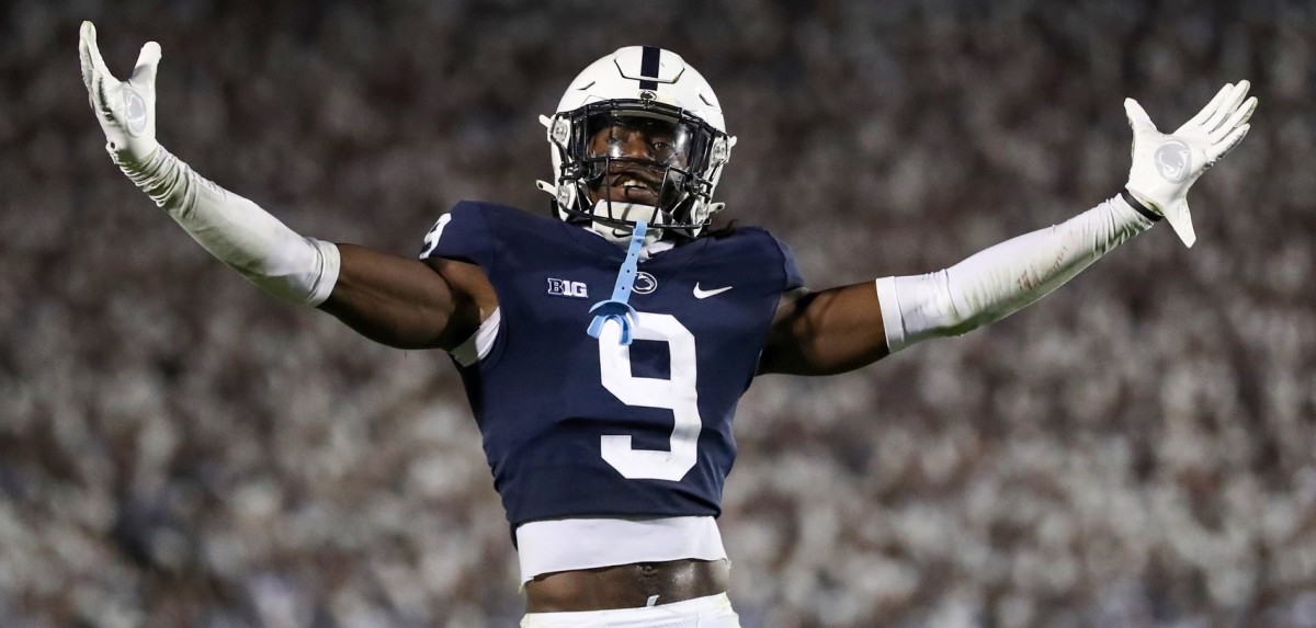 Penn State cornerback Joey Porter Jr. celebrates with fans near the end of their 28-20 win over Auburn at Beaver Stadium. (Matthew OHare/USA TODAY Sports)