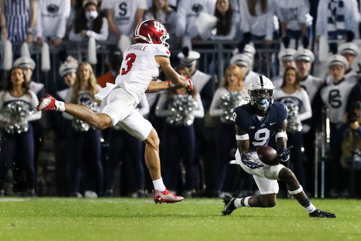 Penn State cornerback Joey Porter Jr. makes an interception vs. Indiana (Matthew O'Haren/USA Today Sports)