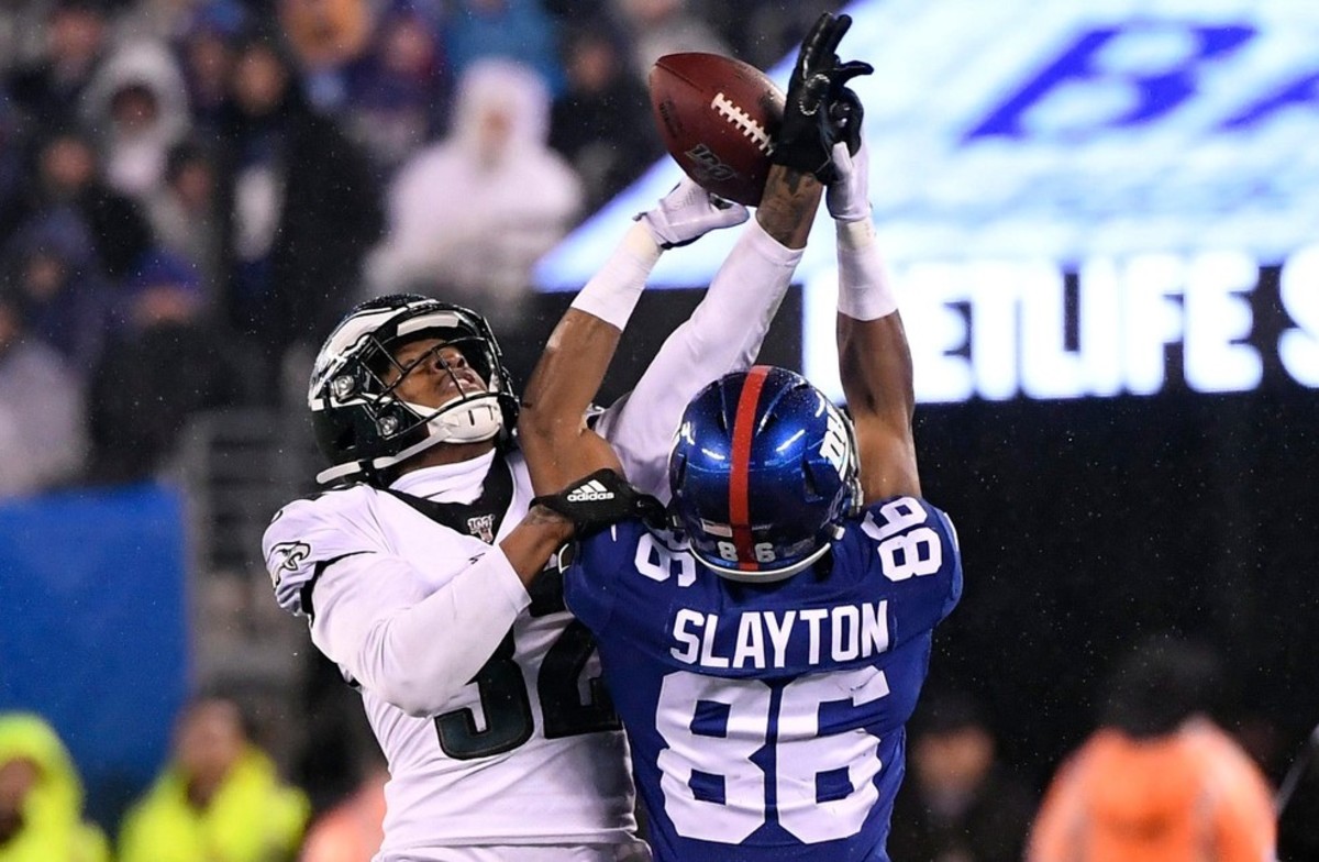 Philadelphia Eagles cornerback Rasul Douglas (32) breaks up a pass intended for New York Giants wide receiver Darius Slayton (86) in the second half. The Eagles defeat the Giants, 34-17, on Sunday, Dec. 29, 2019, in East Rutherford.