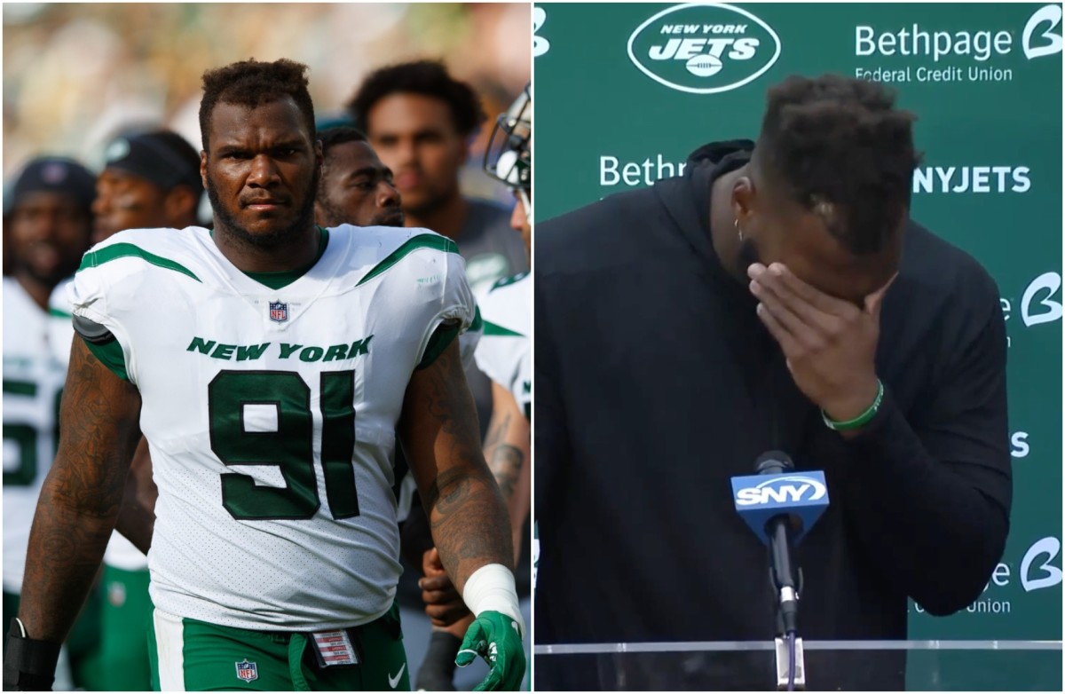 New York Jets' John Franklin-Myers speaks to reporters at the NFL