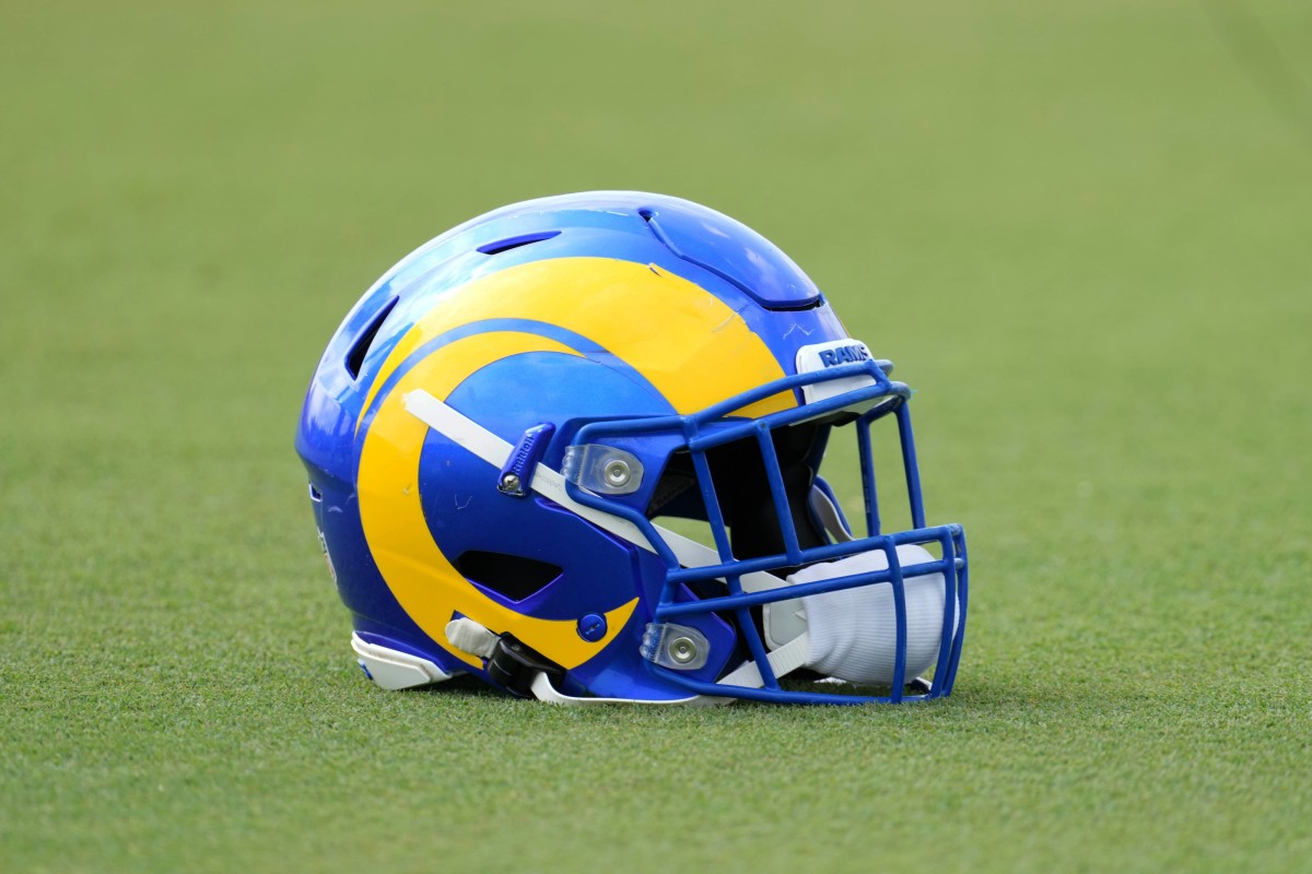 Aug 19, 2021; Thousand Oaks, CA, USA; A detailed view of a Los Angeles Rams helmet during a joint practice against the Las Vegas Raiders.