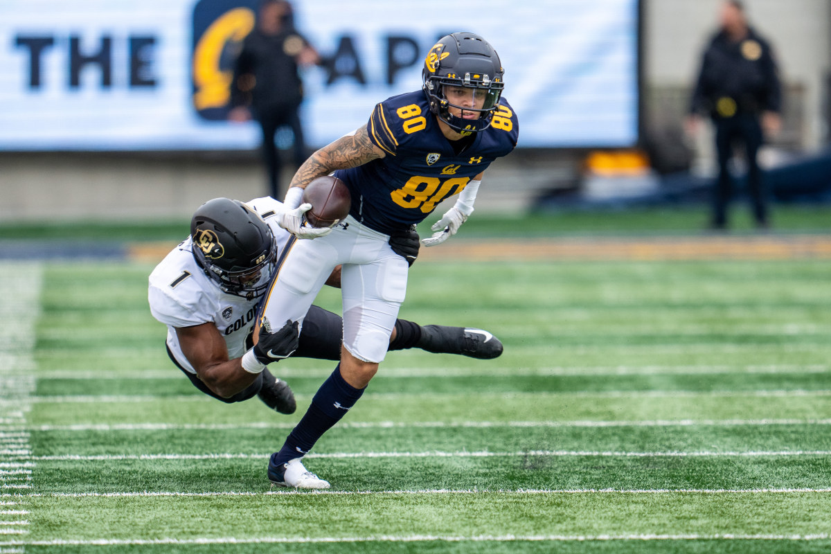 Cal Wide receiver Trevon Clark making a move against the Colorado Buffaloes in 2021.
