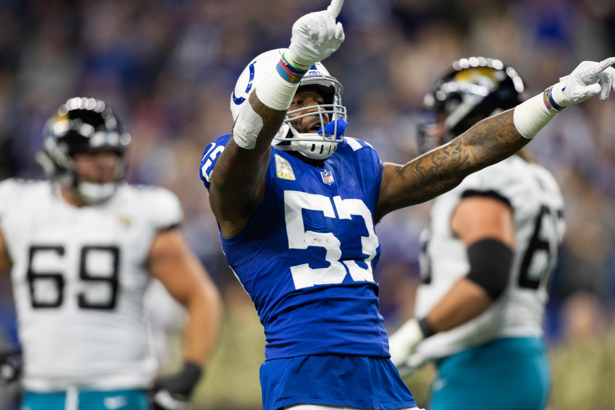 Nov 14, 2021; Indianapolis, Indiana, USA; Indianapolis Colts outside linebacker Darius Leonard (53) celebrates a 3 and out in the first quarter against the Jacksonville Jaguars at Lucas Oil Stadium.