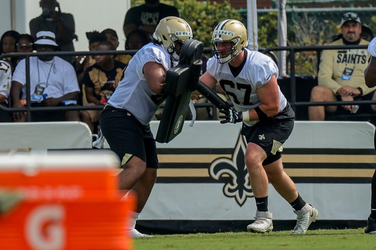 New Orleans Saints offensive tackle Landon Young (67) and Carolina